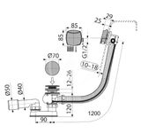 Alcadrain Odtokové súpravy - Vaňová odtoková a prepadová súprava s napúšťaním, pre silnostenné vane, dĺžka 1200 mm, kov