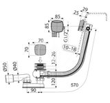 Alcadrain Odtokové súpravy - Vaňová odtoková a prepadová súprava s napúšťaním, pre silnostenné vane, dĺžka 570 mm, chróm