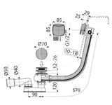 Alcadrain Odtokové súpravy - Vaňová odtoková a prepadová súprava s napúšťaním, pre silnostenné vane, dĺžka 570 mm, kov